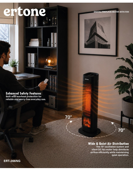Ertone ERT-266NG Digital Fireplace Tower Heater with Fan 2000 W, Black