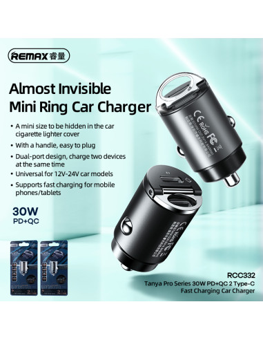 REMAX 30W PD+QC 2Type-C Fast Car Charger RCC332