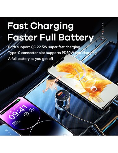 Automobilinis įkroviklis REMAX RCC336 52.5W su USB-C + Lightning spyruokliniu kabeliu, greitas — vaizdas 5