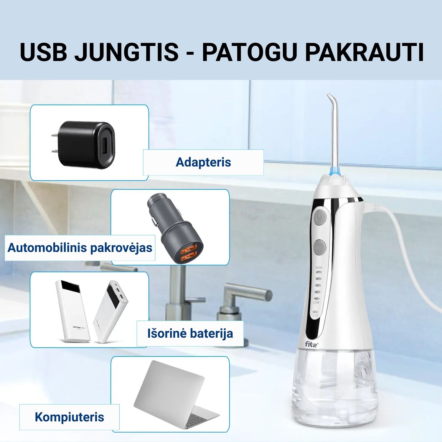 Kompaktiškas FIT2 irigatorius su kelioniniu dėklu