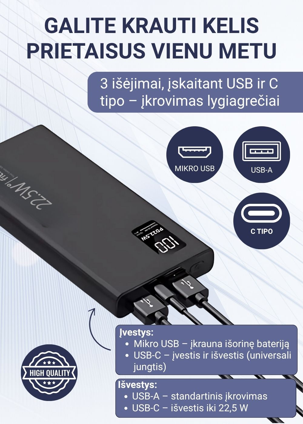 FIT2 K7 powerbank su USB Type-C ir USB-A išvestimis.