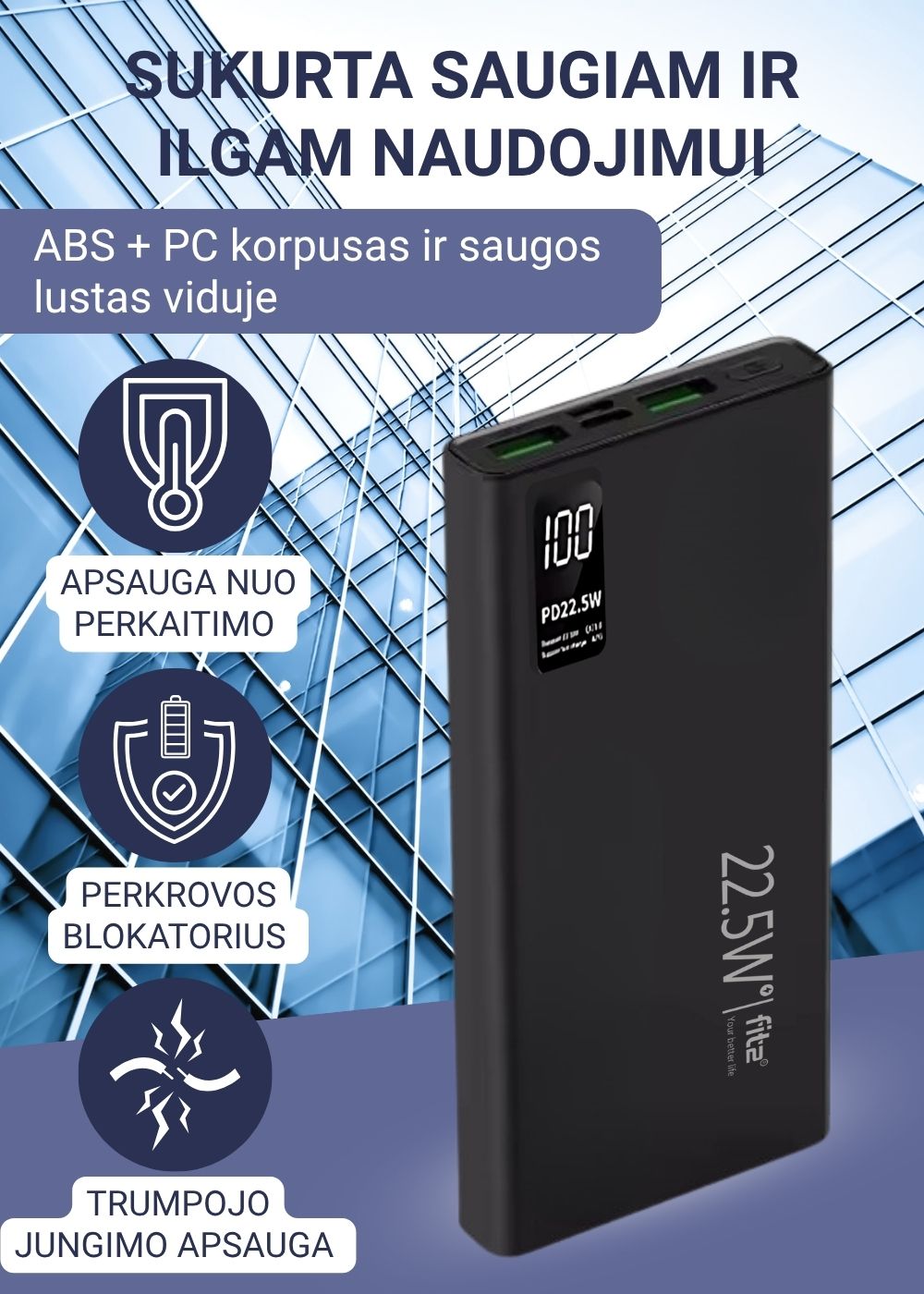 FIT2 K7 baterija su apsauga nuo perkrovos ir saugiu įkrovimu.