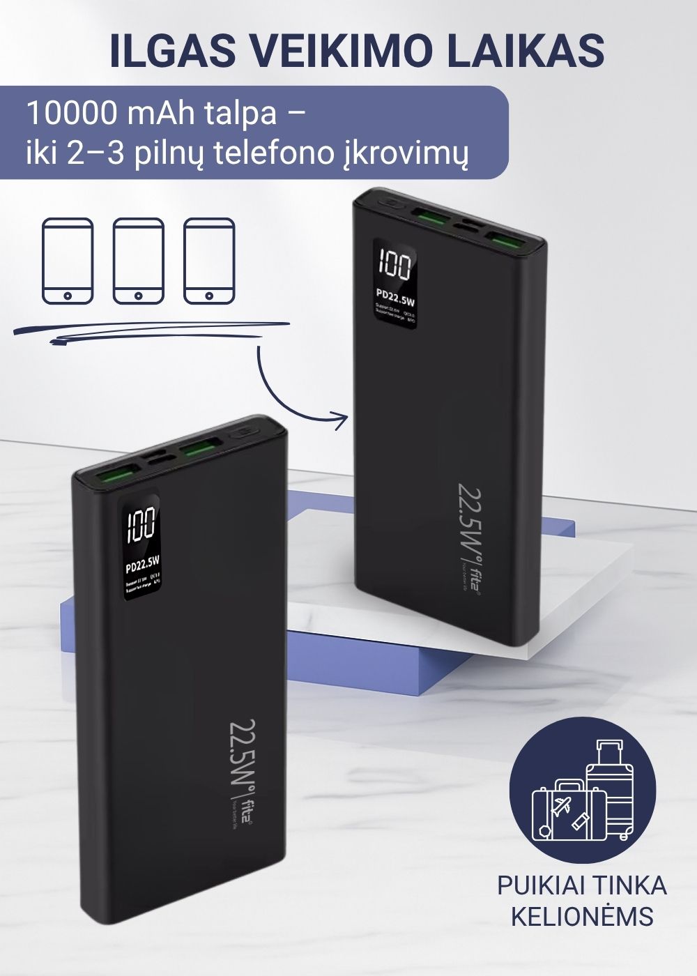 FIT2 K7 išorinė baterija su 10000 mAh talpa ir greito įkrovimo funkcija.
