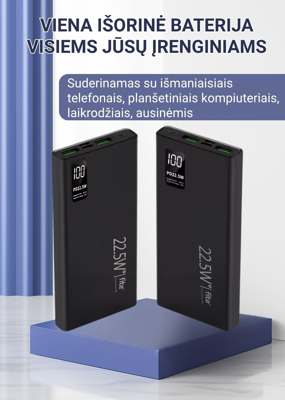 Juodas FIT2 K7 universalus powerbank su USB-C ir USB-A jungtimis.