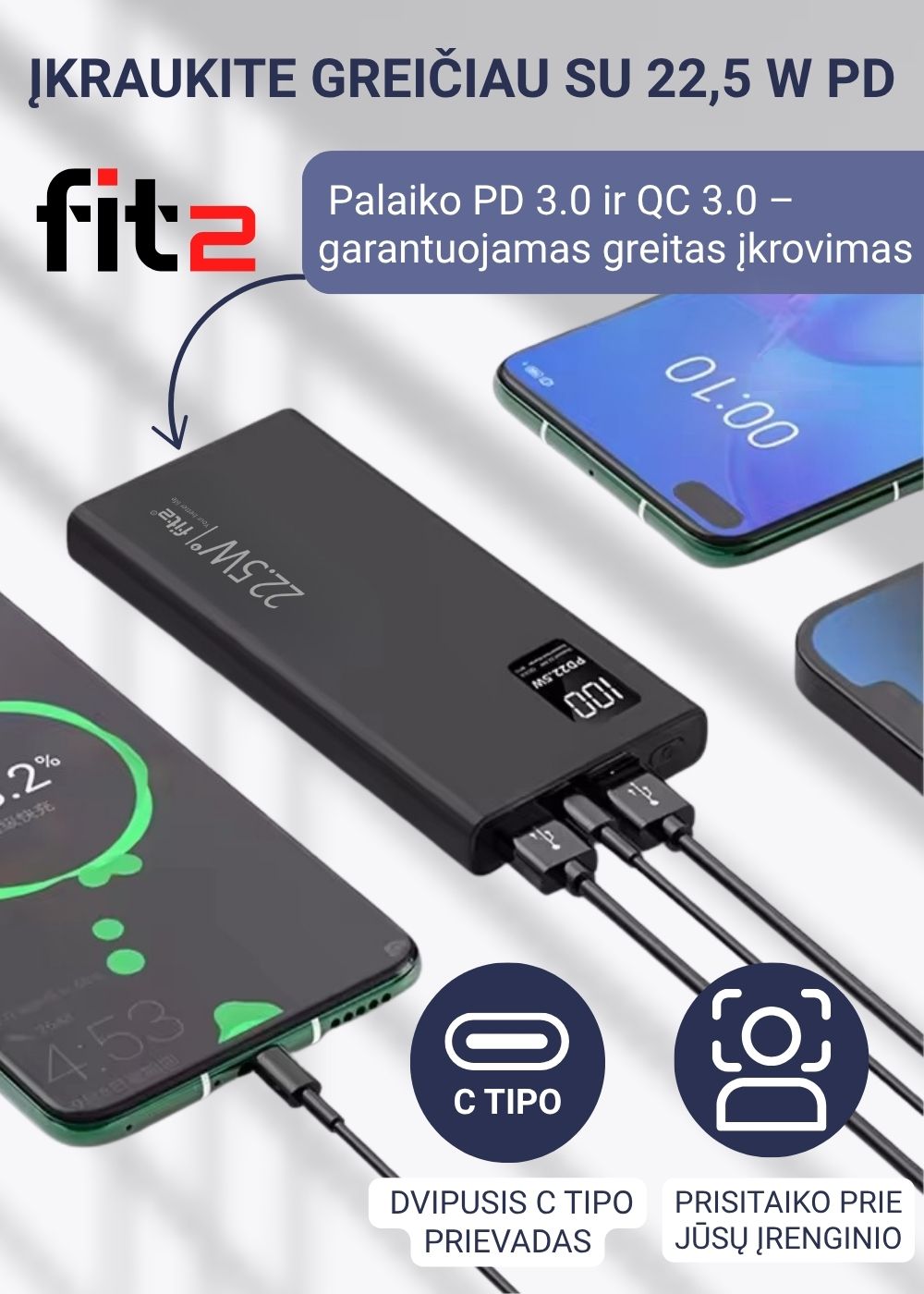 Kompaktiškas ir stilingas juodas FIT2 K7 išorinis įkroviklis.