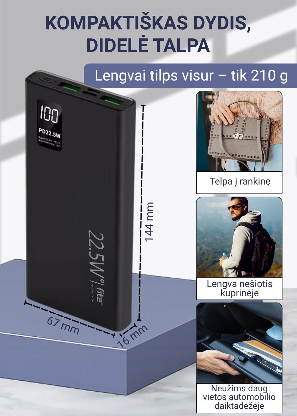Greitai įkraunamas FIT2 K7 powerbank su ergonomišku dizainu.