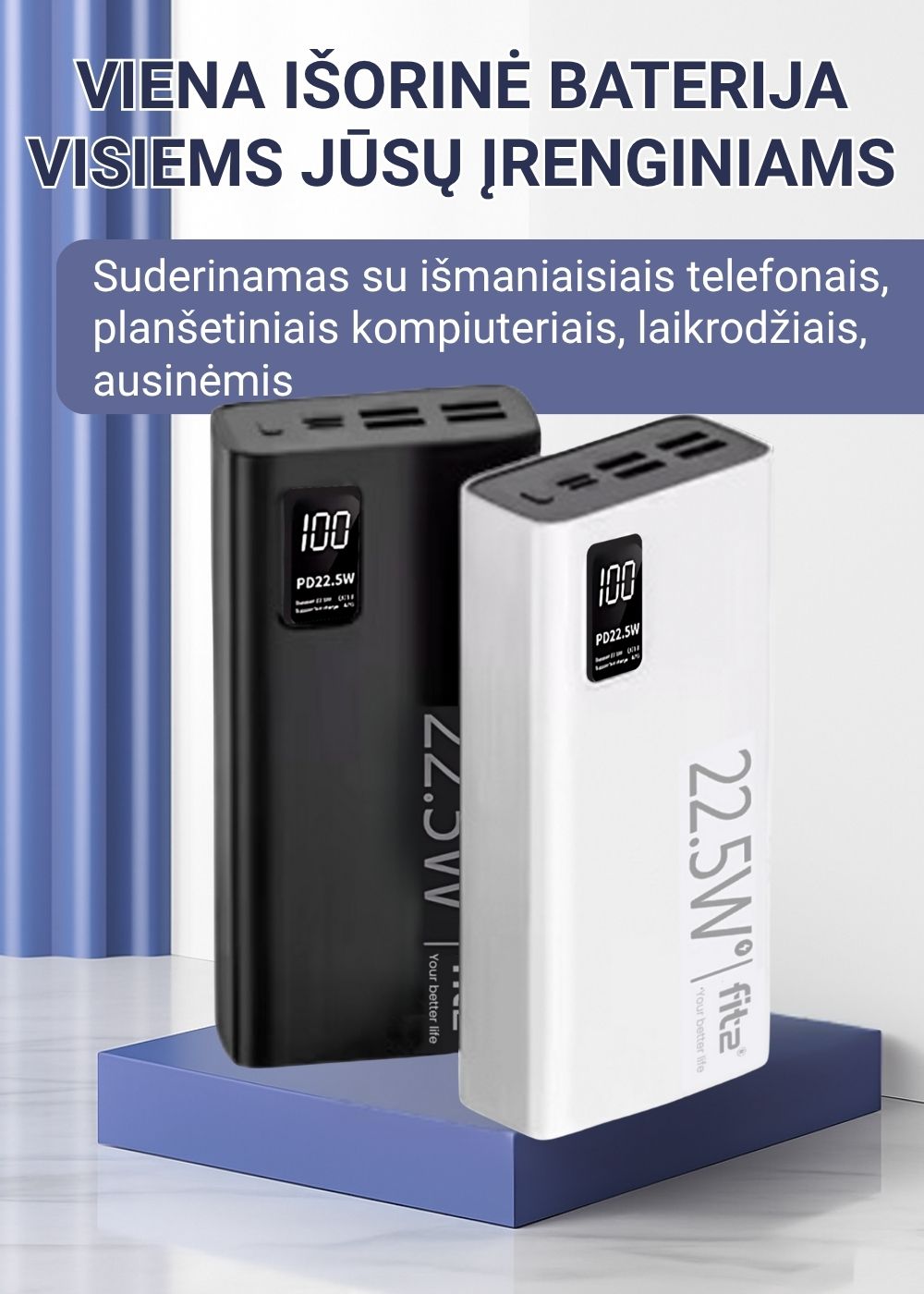 FIT2 K8 išorinė baterija su 2x USB ir Type-C įkrovimo prievadais