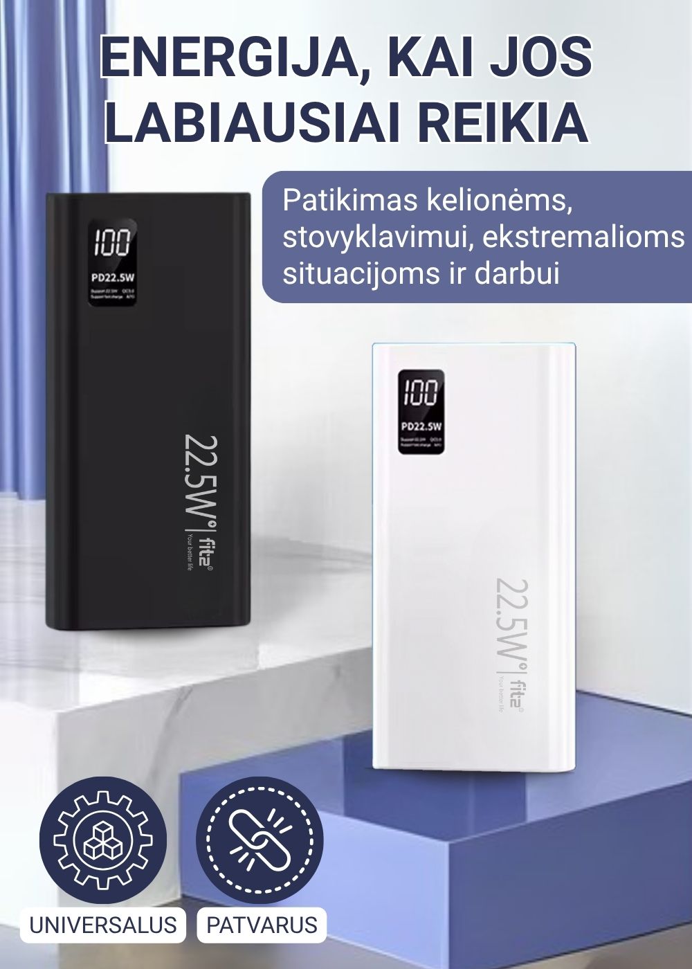 Juodas FIT2 K8 powerbank su didele 20000mAh talpa kasdieniam naudojimui