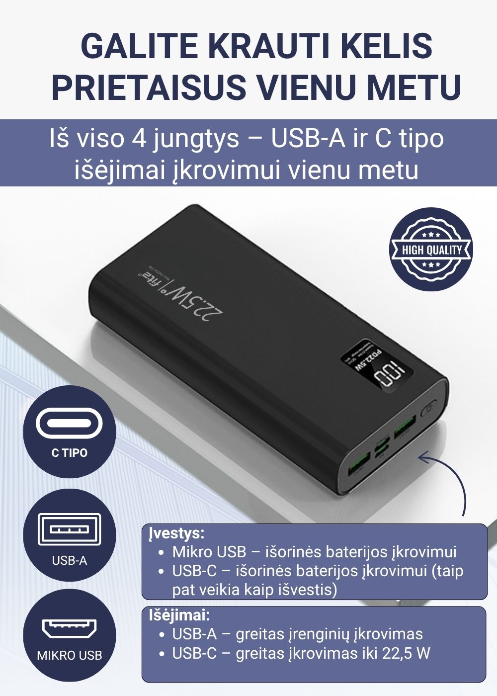 Kompaktiška FIT2 K8 20000mAh išorinė baterija – stilingas dizainas