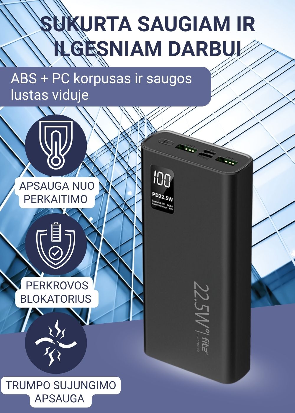 Greito įkrovimo powerbank FIT2 K8 su USB ir Type-C jungtimis – 22.5W