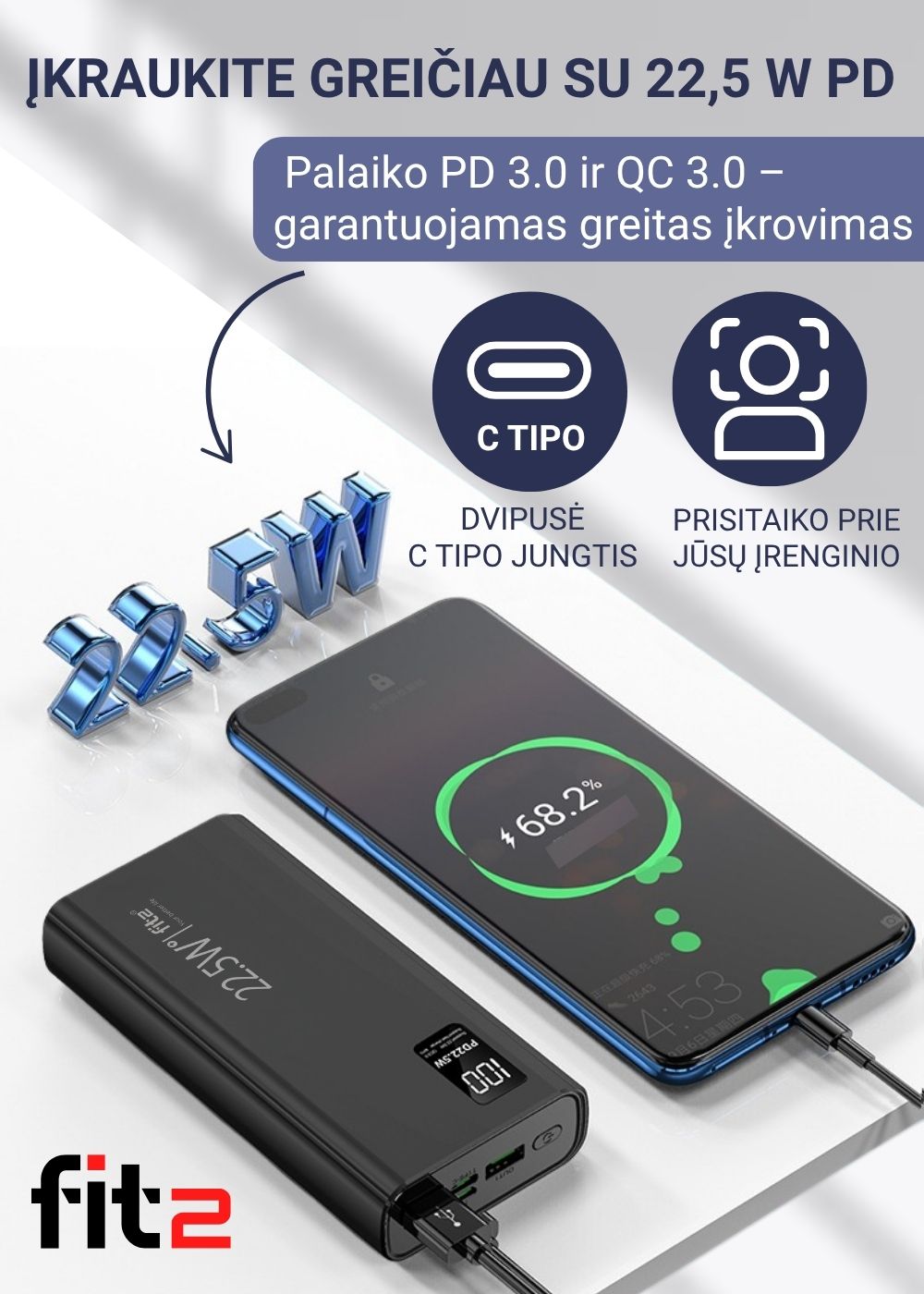 Išorinis kroviklis FIT2 K8 su 2x USB ir Type-C jungtimis – 22.5W galia
