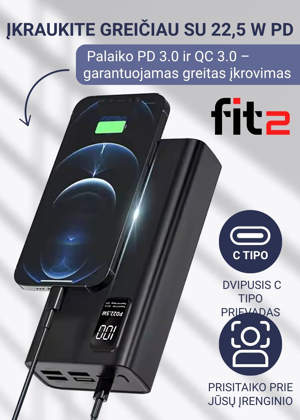 Juoda FIT2 K9 powerbank baterija su 4x USB ir Type-C jungtimis