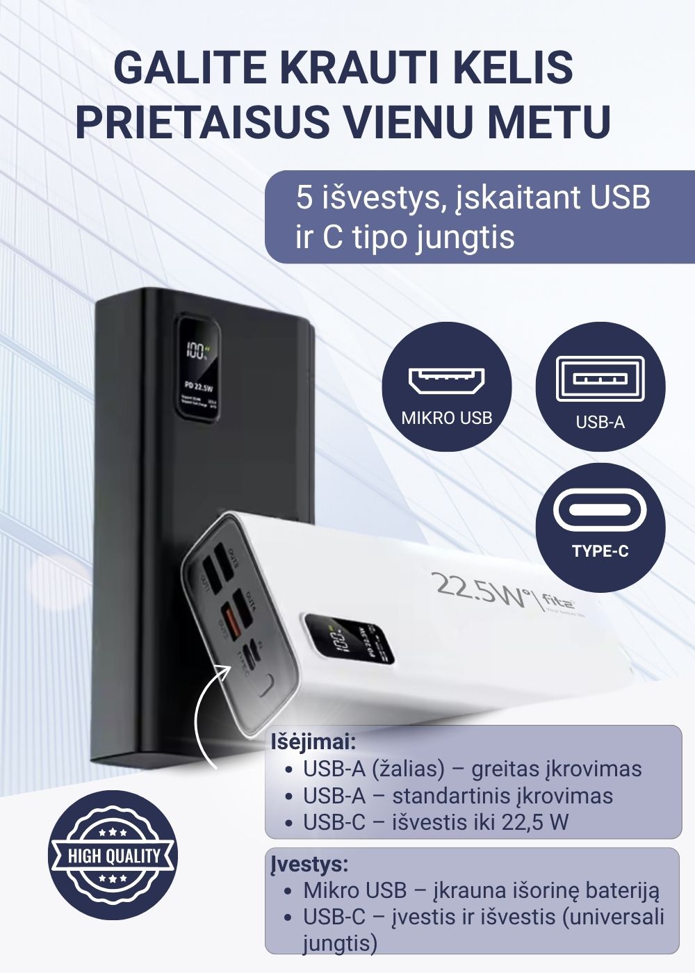 FIT2 K9 didelės talpos 30000mAh išorinis kroviklis kasdieniam naudojimui