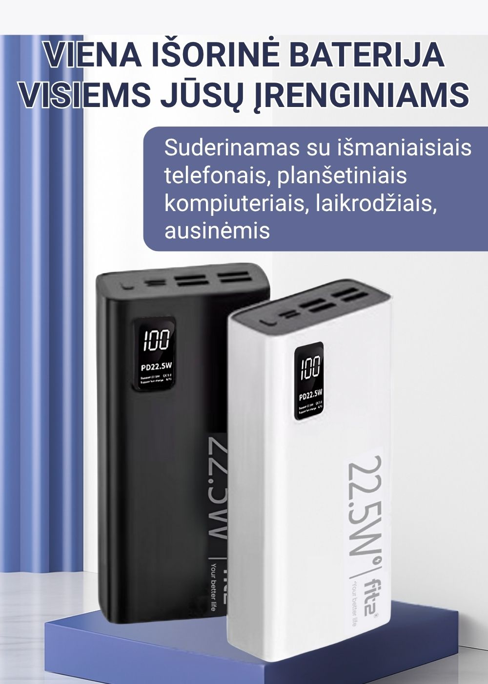 Juodas FIT2 K9 išorinis kroviklis su USB ir Type-C išvestimis – kelionėms ir darbui