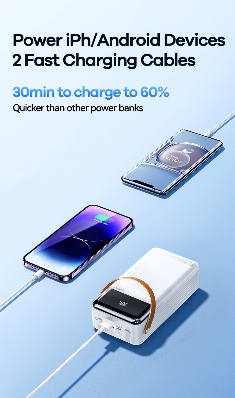 Remax Rpp 565 REMAX RPP-565 powerbank 60000mAh, įmontuoti kabeliai, pilka