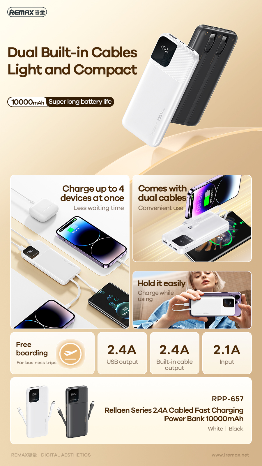 REMAX RPP-657 išorinė baterija 10000mAh, 2.4A greitas įkrovimas su integruotais laidais, juoda