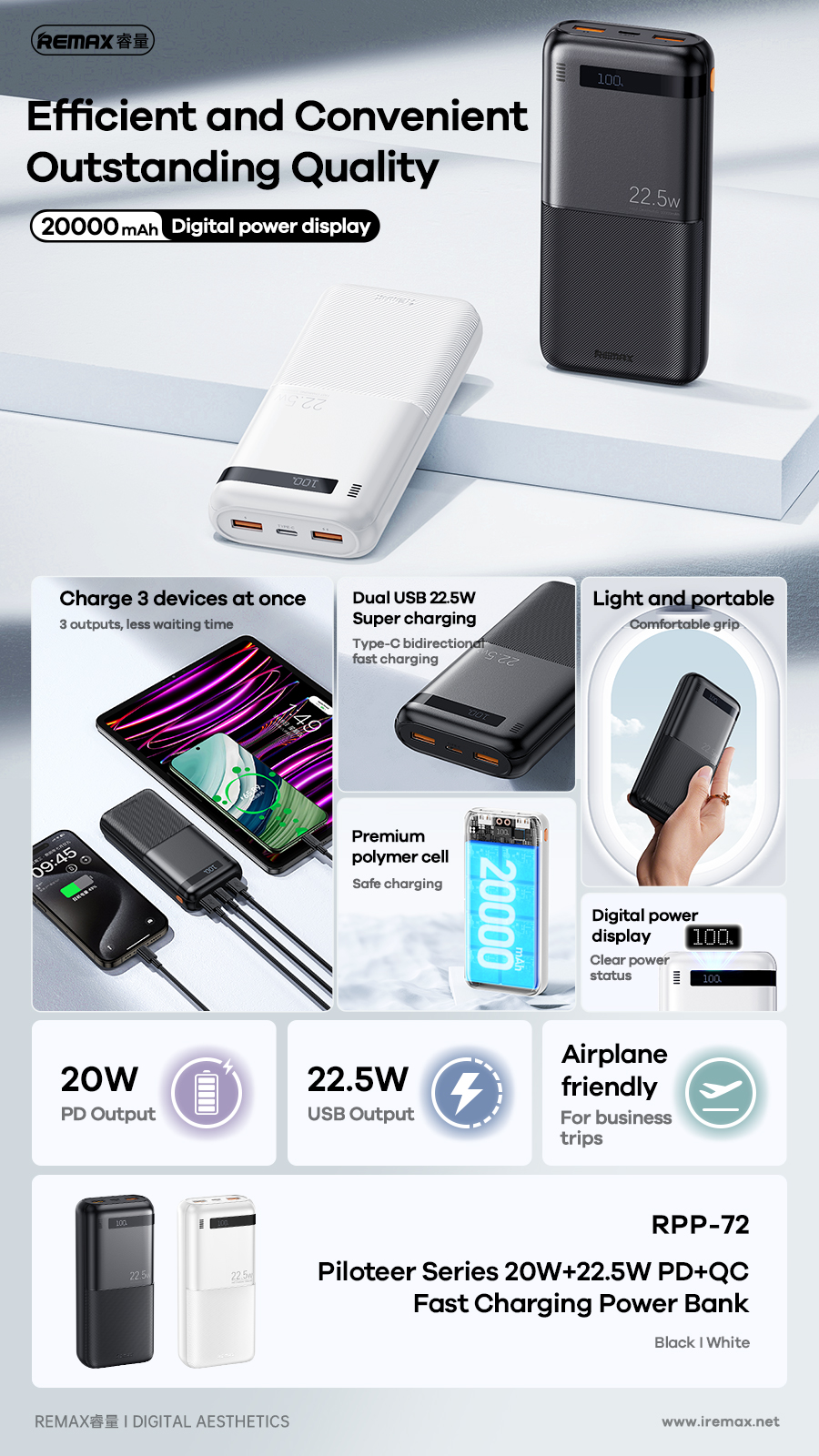 REMAX RPP-72 išorinė baterija - Powerbank 20000mAh, juoda