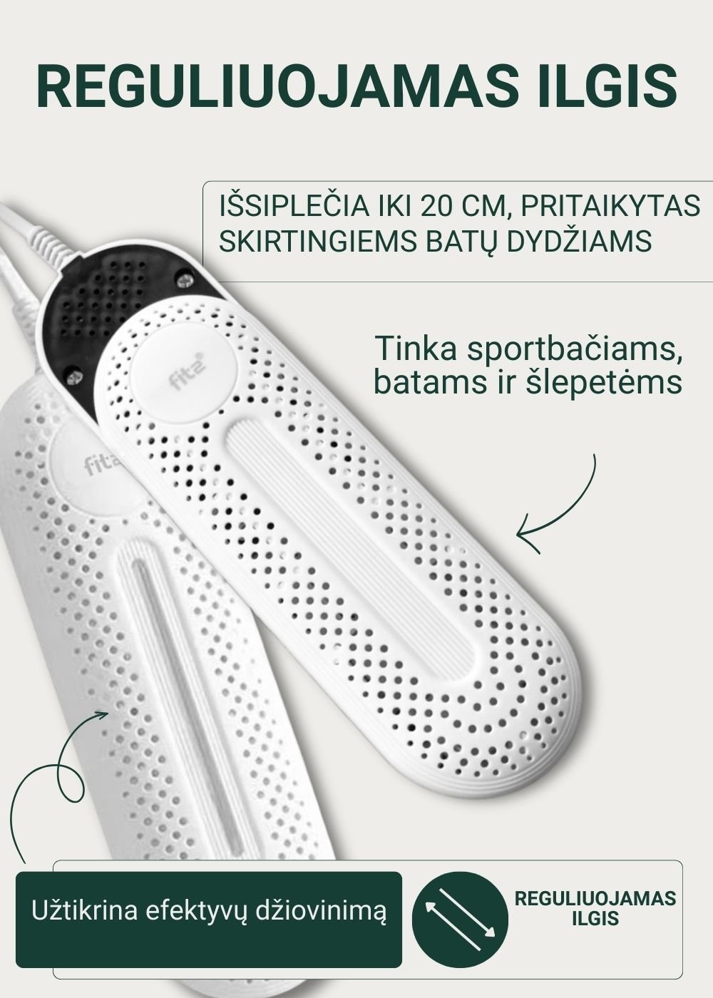 FIT2 batų džiovintuvas W6 &ndash; kompakti&scaron;kas elektrinis avalynės džiovintuvas (15W)