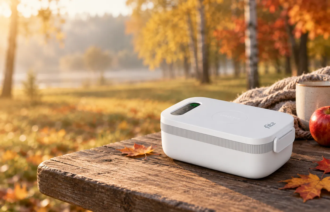 Belaidė elektrinė pietų dėžutė FIT2 Nomad ant medinio stalo rudenį parke